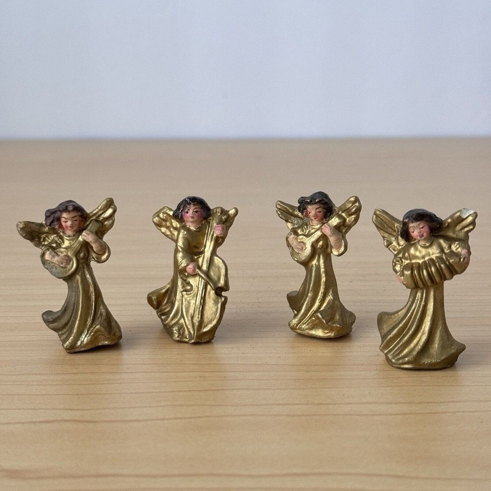 MCM Vtg Gold Hand‎ Painted ITALY Christmas Musical Angel Ornaments Set Lot 4